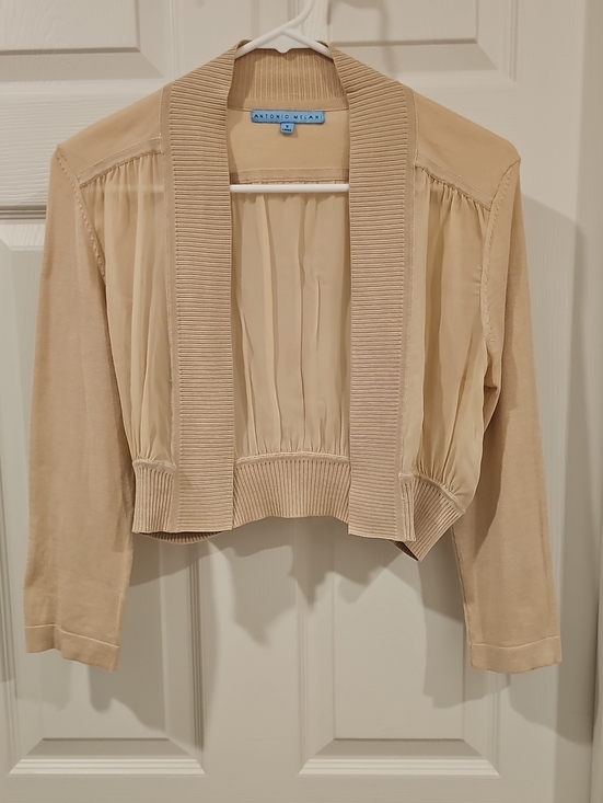 ANTONIO MELANI Sweaters - Antonio Melani Beige Chiffon Cropped Bolero Shrug Cardigan w/ Ribbed Trim & Hem